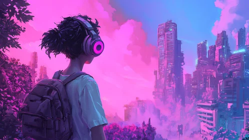 Neon skyline draped in pink haze and lone headphone wanderer.