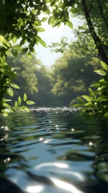 Sunlit forest pond with shimmering reflective water surface.