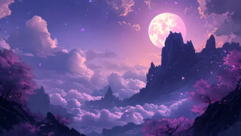 Lunar-illuminated sakura mountainscape above stratiform clouds