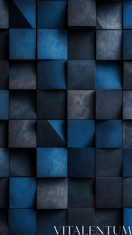 Midnight blue geometric cubes form a textured abstract wall.