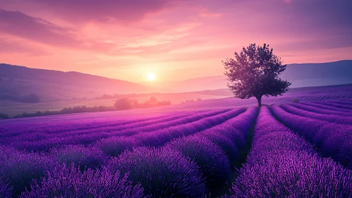 Soft sunset light gently embraces a peaceful lavender field