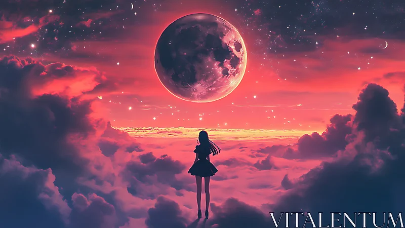Girl stands on glowing clouds under huge red moon sky.
