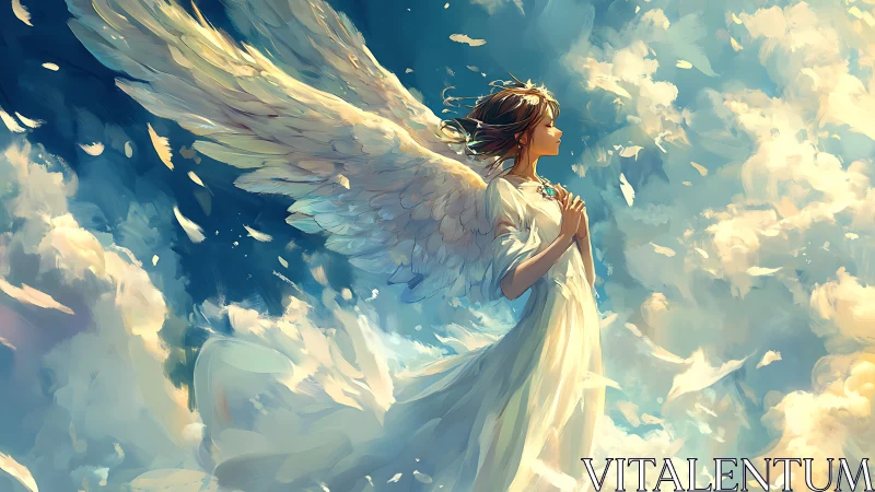 Backlit angelic figure ascends through volumetric clouds and light