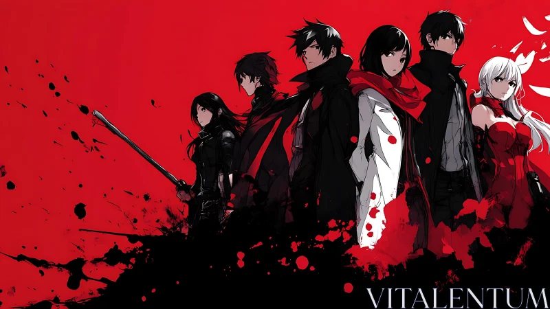 Stylized anime strike team in red black splatter field.