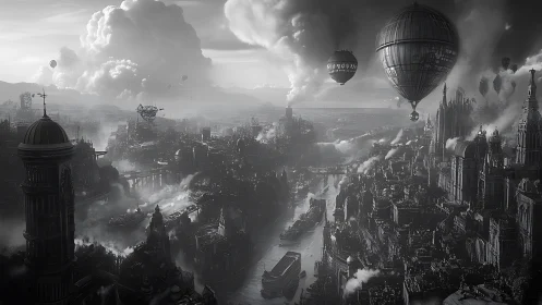Steam-laden skyships drift above a labyrinthine river empire