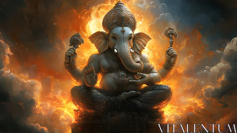 Fiery cosmic Ganesha quietly carves calm from swirling chaos
