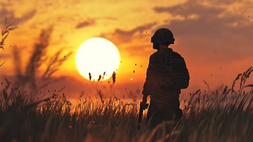 Lone soldier silhouette watching blazing sunset horizon.