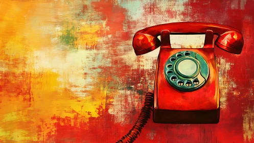 Retro red rotary phone glows against vibrant abstract backdrop
