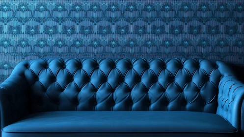 Monochromatic blue chesterfield sofa against patterned damask wall