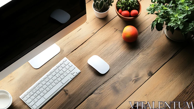 Minimal desktop workspace with organic plants and produce.