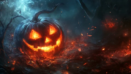 Digital painting of infernal jack o&rsquo;lantern in burning grove.