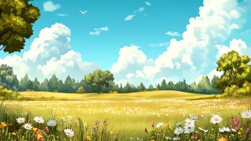 Digital illustration of flowered meadow under clouded sky.