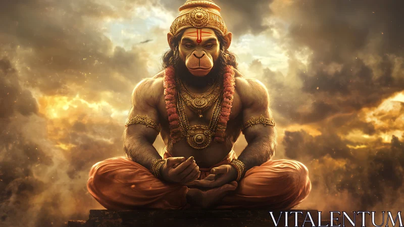 Monkey-headed humanoid figure sits cross-legged in clouds