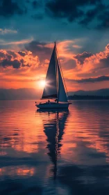 Sailboat stitches molten sunset across mirrorwater horizon.