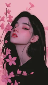 Digital portrait of woman with pink cherry blossoms.