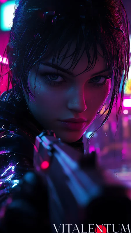 Cyberpunk female agent aiming handgun in neon environment.