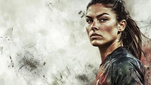 Intense female athlete stares ahead against abstract grunge field.