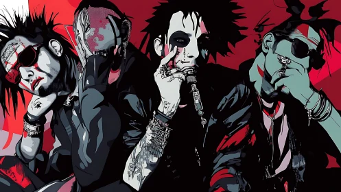 Stylized rock band portrait uses bold red noir palette