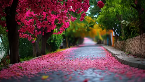 Blooming pink lane inviting quiet, unhurried wanderings.