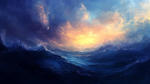 Blazing sunrise welcomes rolling ocean waves into soft light