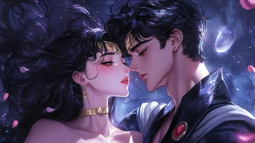 Star-crossed lovers drift in a midnight galaxy embrace.