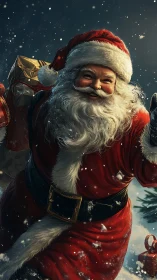 Joyful Santa carries Christmas gifts through falling snow