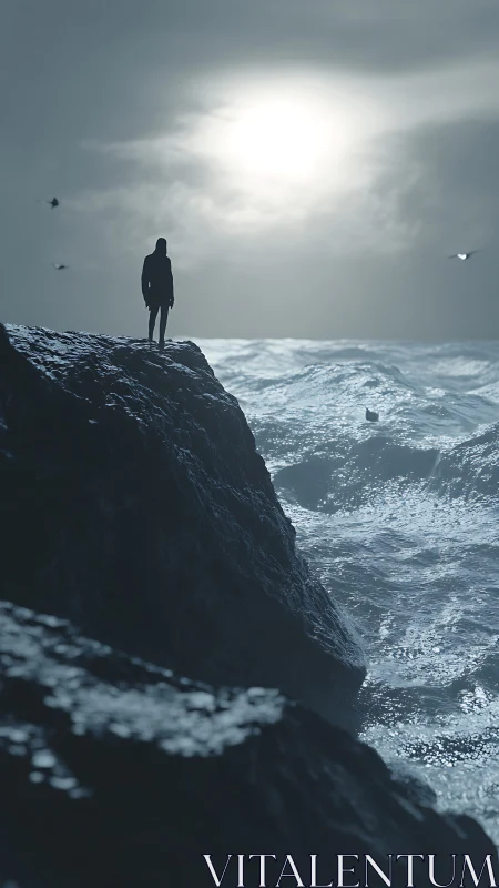 Silhouette on coastal cliff above rough sea under bright sun.