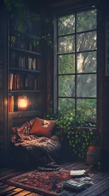 Cozy reading nook with lantern glow and forest window.