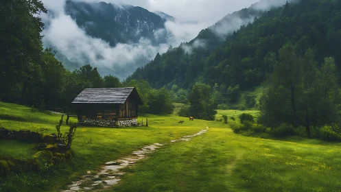 Photorealistic alpine meadow cabin with misted forest valley.