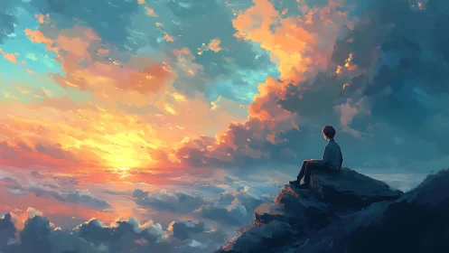 Solitary dreamer on cliff edge under blazing sky at dusk.