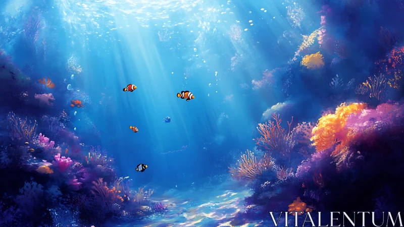 Coral reef scene with clownfish under filtered sunlight.