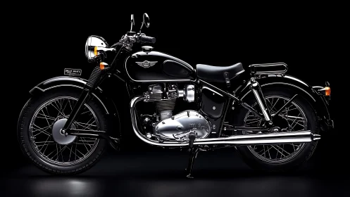 Side profile of black classic motorcycle on dark backdrop.