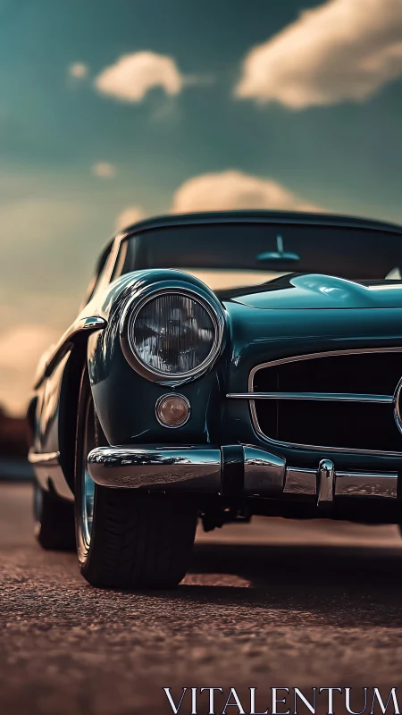 Sunset prowl of a teal vintage coupe in gleaming chrome glory.
