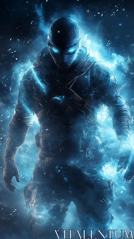 Cyberpunk spectral soldier in luminous blue energy field.