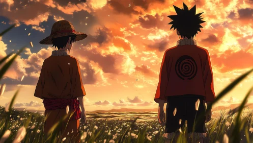 Two anime boys gaze over golden fields at burning sunset