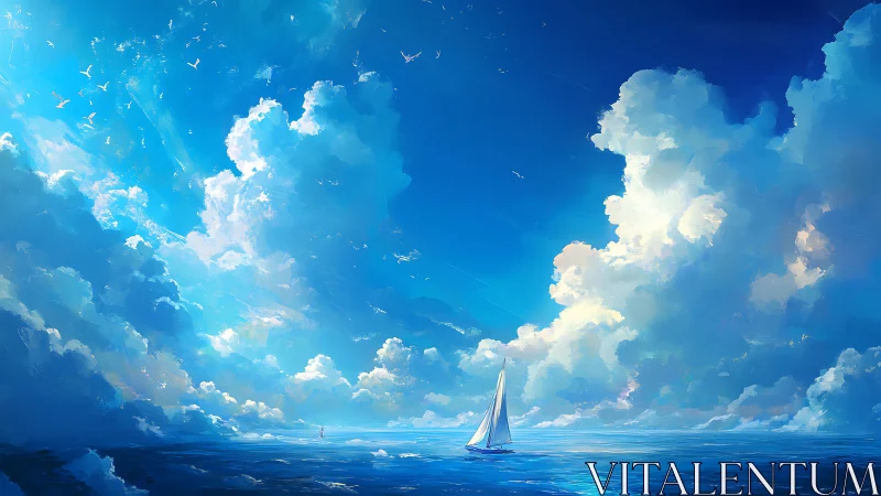 Wide-angle seascape with volumetric cumulonimbus clouds and lone sailboat