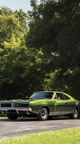 Sunlit green muscle car resting by a quiet forest road.