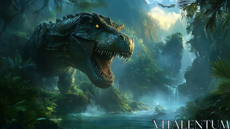 Jungle titan roars above misty river of doomed explorers.