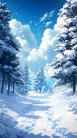 Snow-covered forest path under bright winter sky.