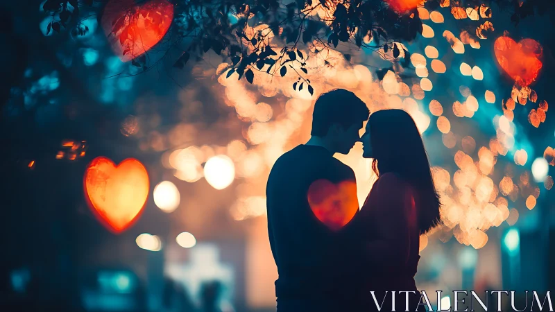 Silhouetted couple embracing beneath bokeh-rendered foliage with warm-to-cool chromatic gradient