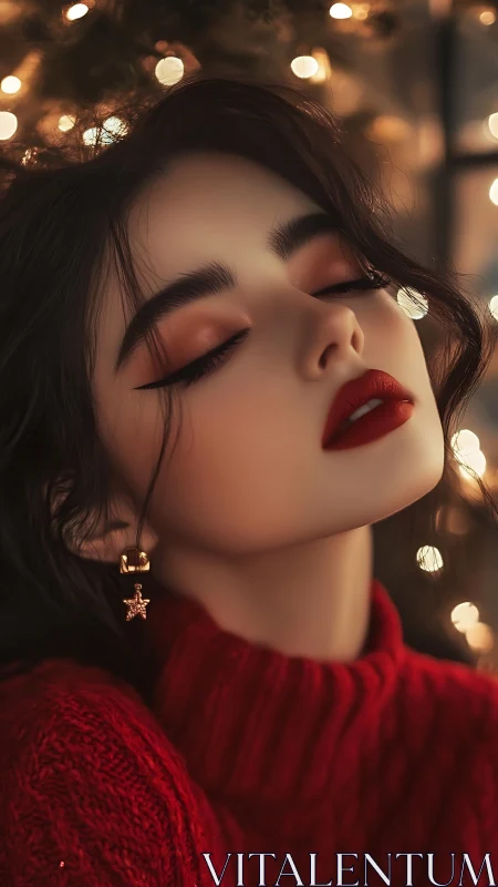 Holiday-lit portrait with dreamy red velvet makeup glow.