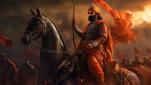 Cinematic digital warrior-king on armored warhorse at dusk.