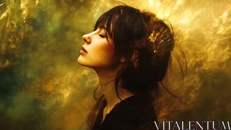 Side profile portrait shows woman against diffuse golden haze