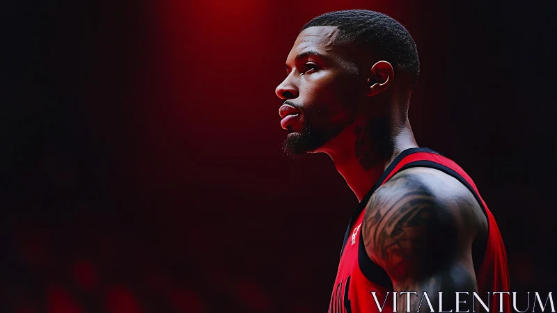 Focused basketball player waits in dramatic red arena light