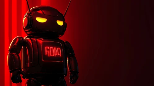 Red illuminated robot figure against dark gradient background.