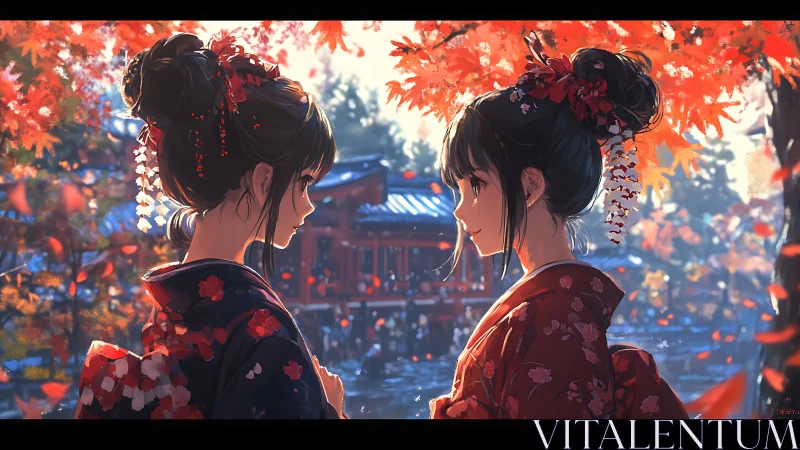 Anime autumn portrait of two women in kimono, frontal framing.