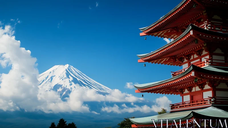 Photographic study of tiered pagoda and distant snow peak.