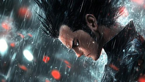 Brooding warrior stands in neon storm, chrome rain blazing.