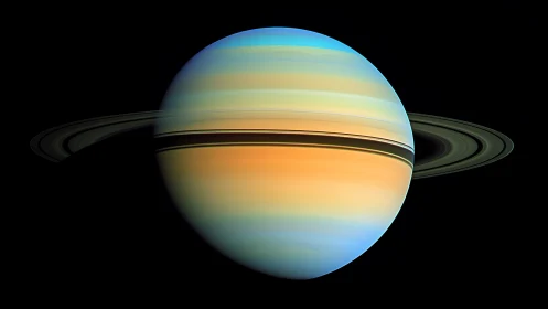 Glowing Saturn drifts in space with softly lit colorful rings