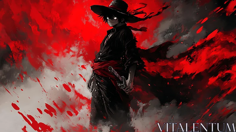 Dark swordsman in black coat against violent red storm.